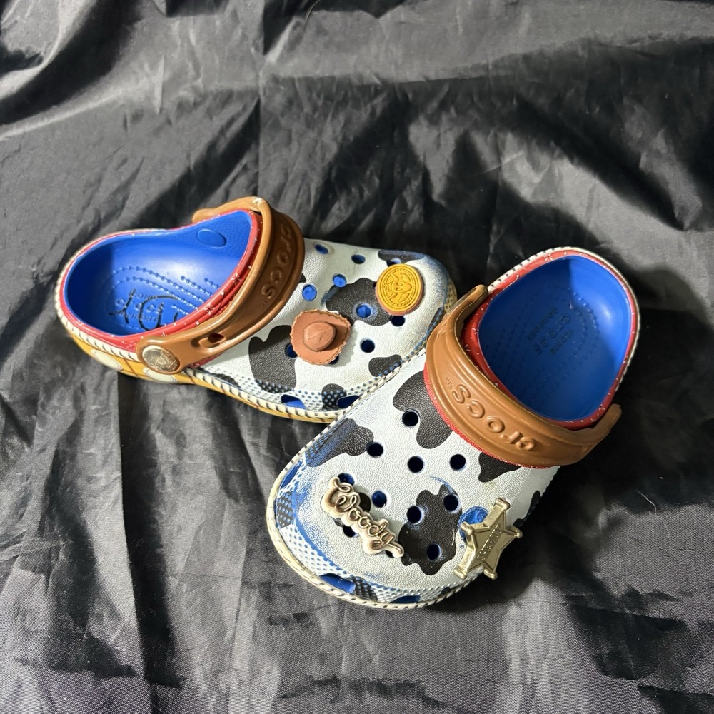 Disney Pixar, Toy Story Woody Cow Print Crocs, Size C10, Children's, Toy Story 5
